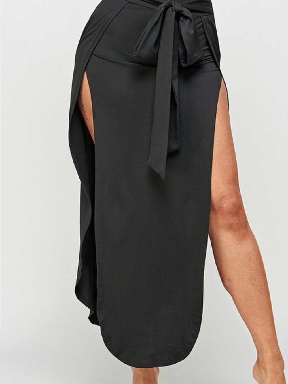 Black Asymmetrical Double High-Slit Skirt with Tie Waist - Women
